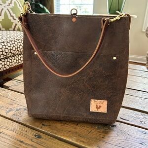Meanwhile Back on the Farm Birch Mocha Leather Carryall and Crossbody- Like New!